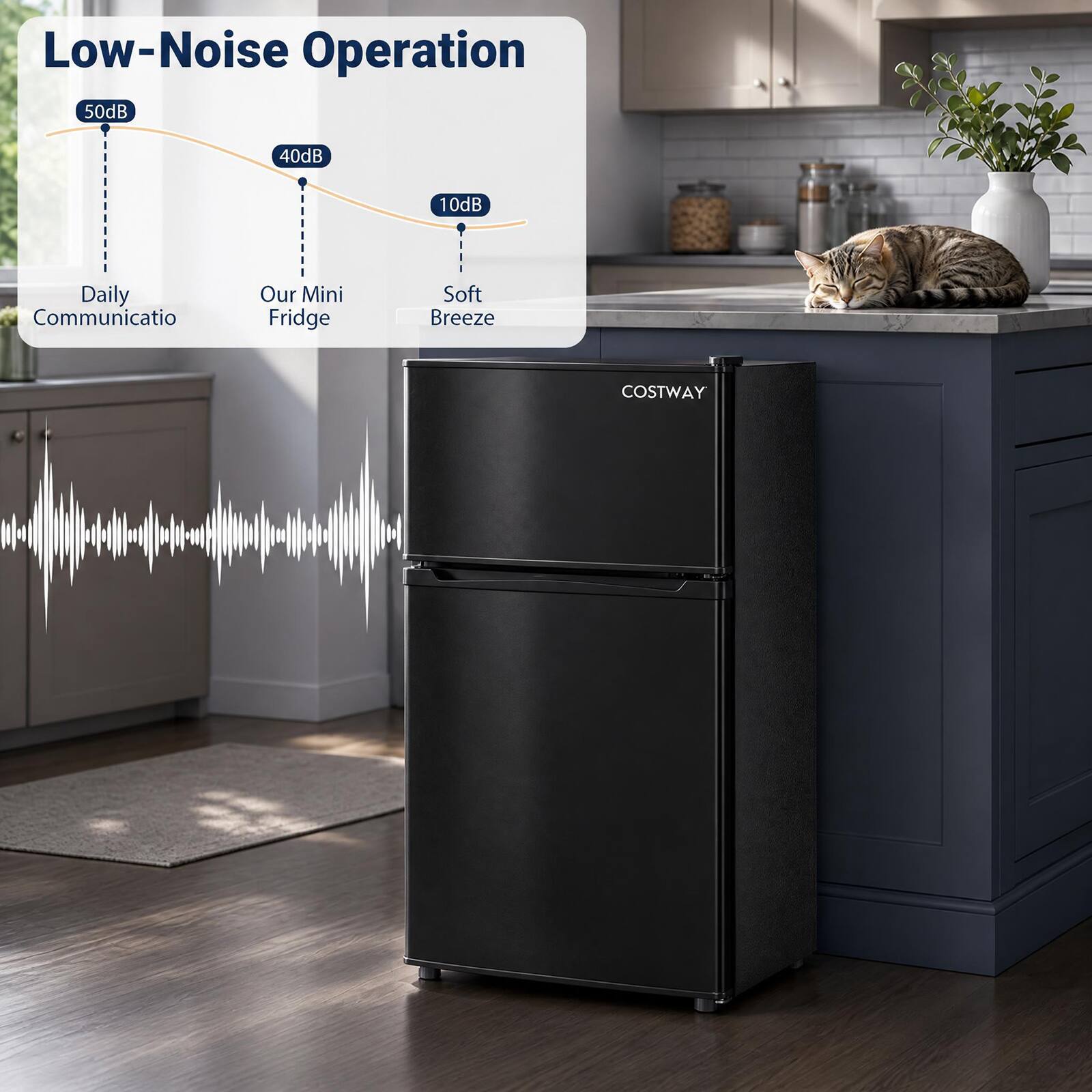 Low-Noise Operation  
50dB  
40dB  
10dB  
Daily Communication  
Our Mini Fridge  
Soft Breeze  
COSTWAY
