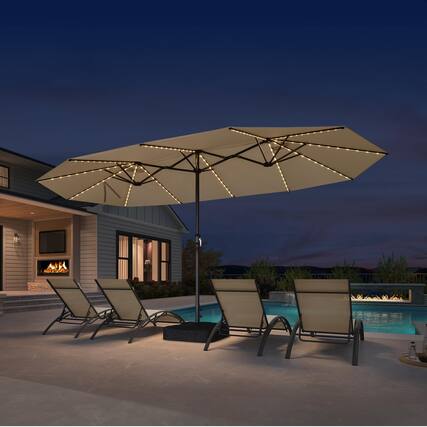 Front. PURPLE LEAF - 15 ft. Patio Market Umbrella with Solar LED and Base Double-Sided Outdoor Table Sun Umbrellas for Pool Deck Backyard - Beige.