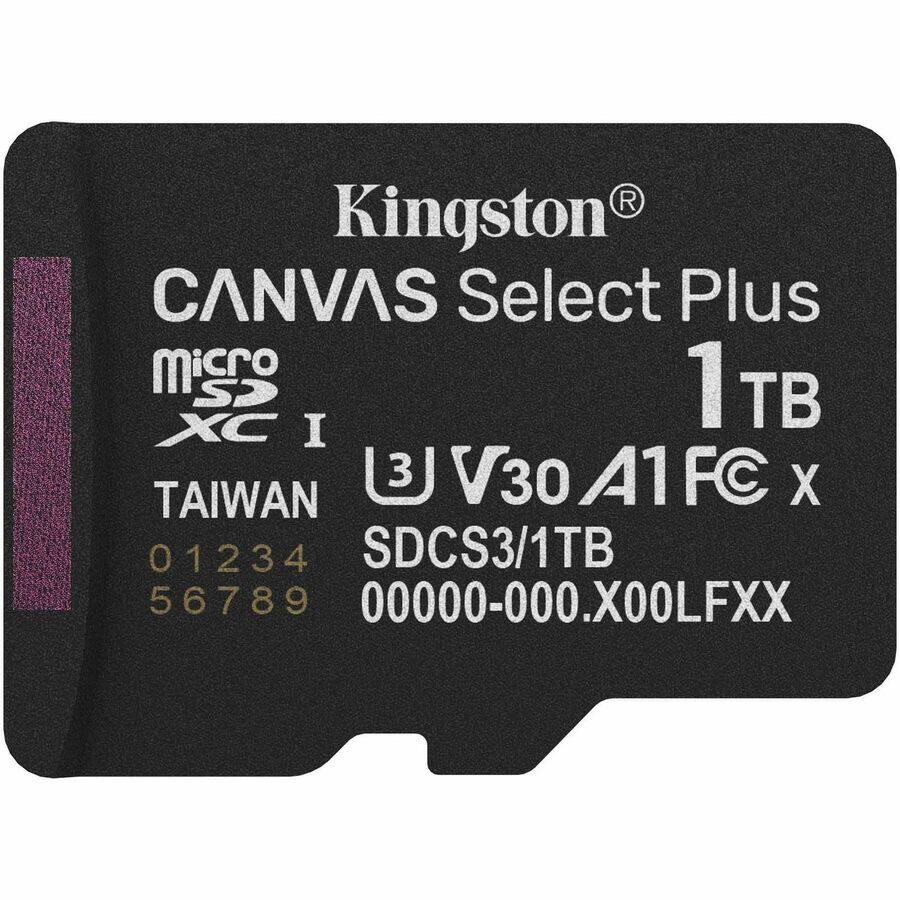 Kingston  
CANVAS Select Plus  
1TB  
microSDXC I  
TAIWAN  
01234 56789  
SDCS3/1TB  
00000-000.X00LFXX  
V30 A1 FC x