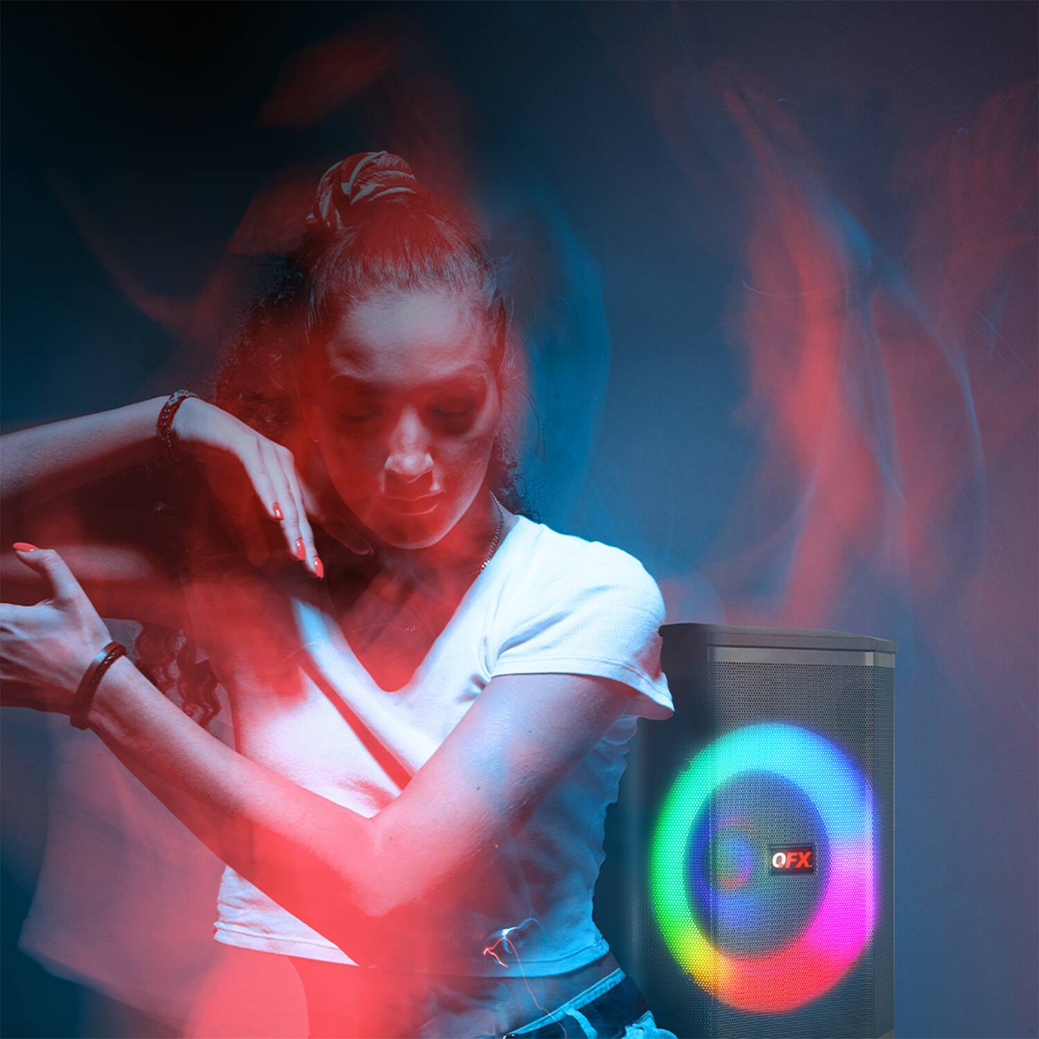 Angle. QFX - 25W Bluetooth Rechargeable Party Speaker, 8" Woofer, Lights, TWS, USB/microSD/Aux, 3 Mics, Remote PBX-811 - Black.
