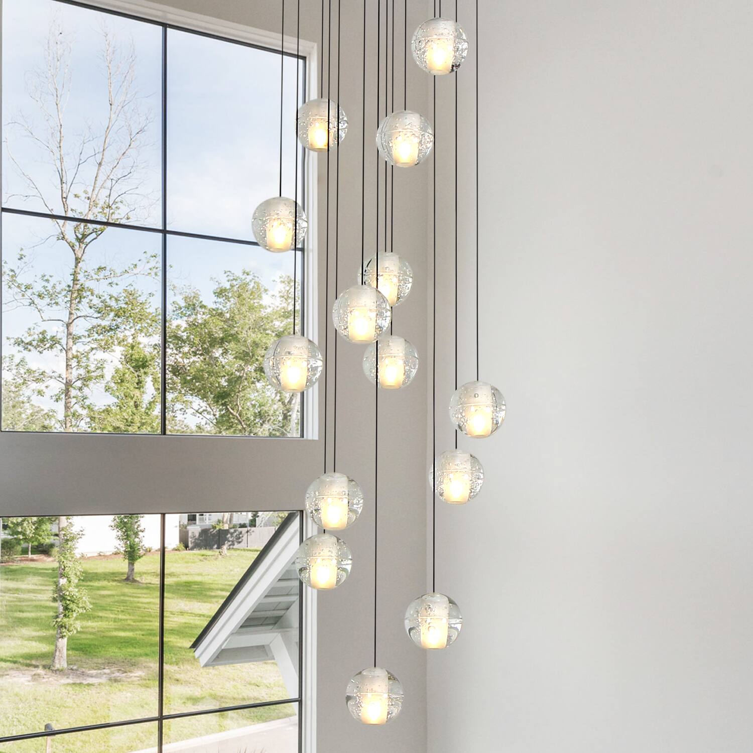 Back. Umeiluce - 14 - Light Modern Chandelier Crystal High Ceiling Hanging Pendant with Remote Control - Matte Black.