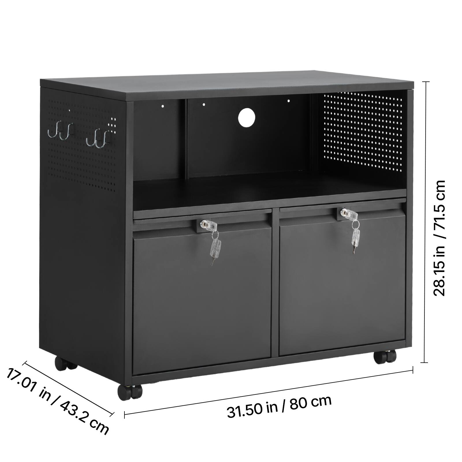 Sure, here is the corrected and grouped text from the image:

- Height: 28.15 in / 71.5 cm
- Width: 31.50 in / 80 cm
- Depth: 17.01 in / 43.2 cm