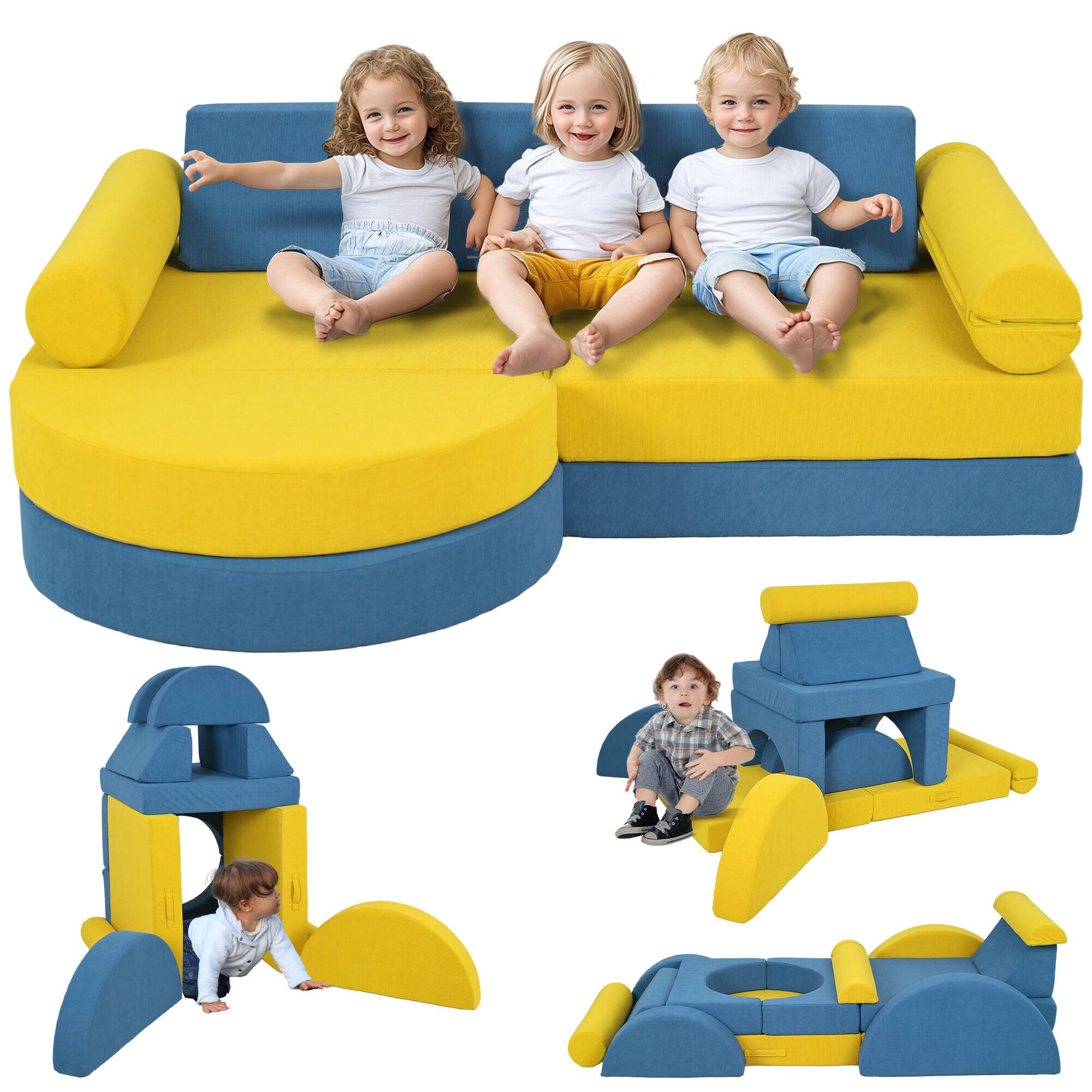 Front. Siljoy - 14-Piece Kids Modular Play Couch, Convertible Sectional, Safe 28D Foam, Washable Covers, for Toddlers 18mo+ - Yellow.
