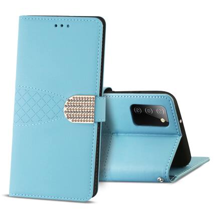 Front. Reiko - Samsung Galaxy A02S 3-In-1 Wallet Case In Blue - Blue.