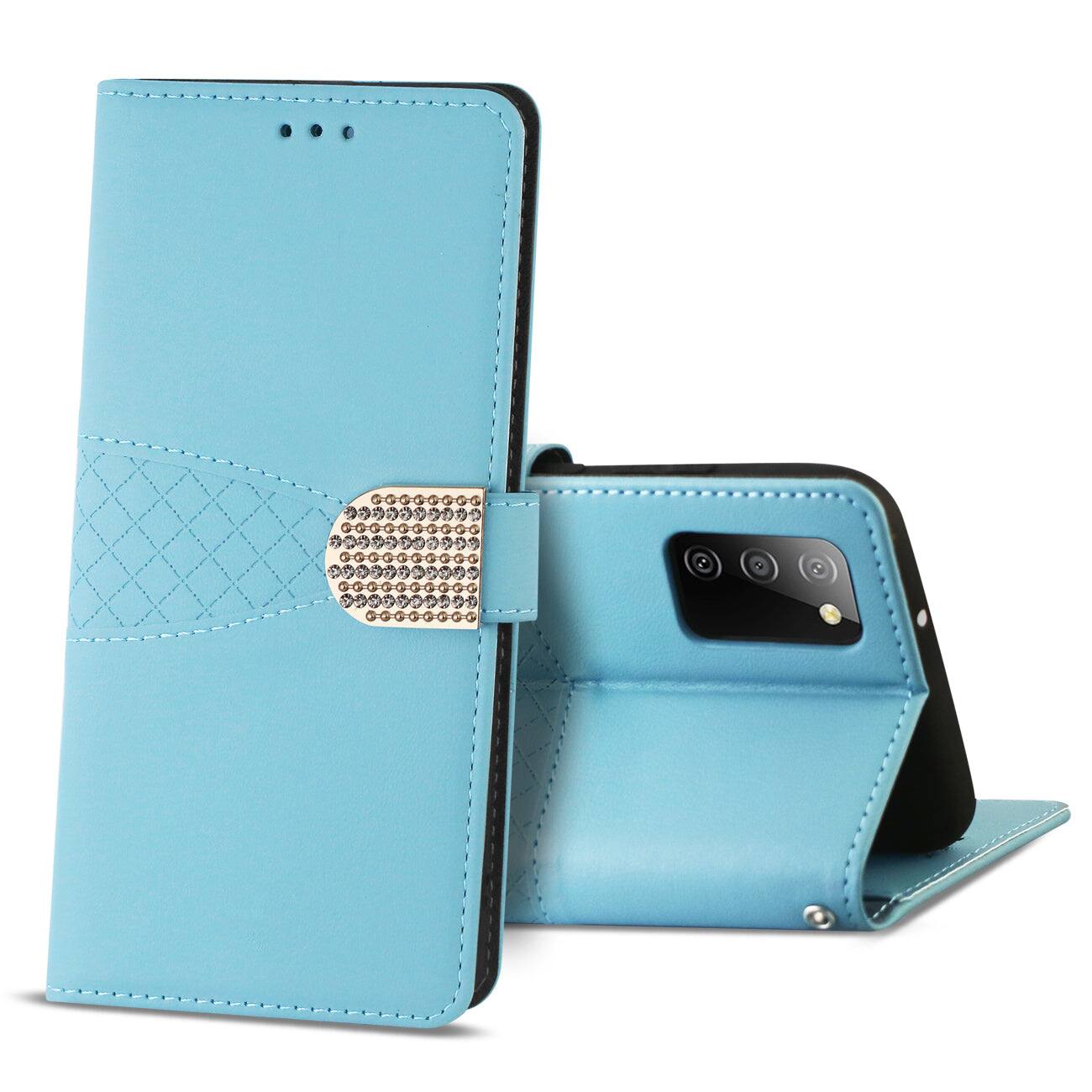 Front. Reiko - Samsung Galaxy A02S  3-In-1 Wallet Case In Blue - Blue.