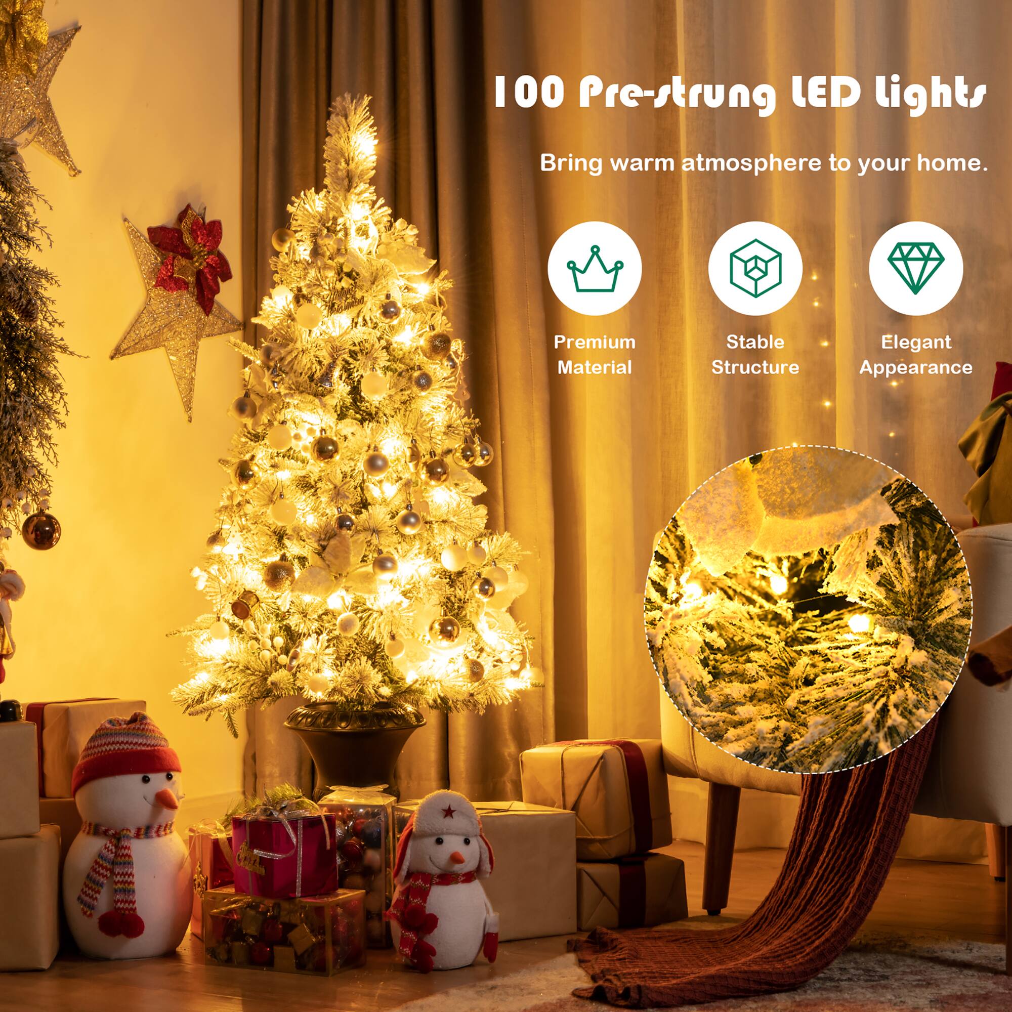 100 Pre-strung LED lights bring a warm atmosphere to your home. Premium material, stable structure, elegant appearance.