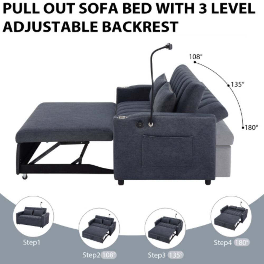 PULL OUT SOFA BED WITH 3 LEVEL ADJUSTABLE BACKREST

Step1
Step2 108°
Step3 135°
Step4 180°