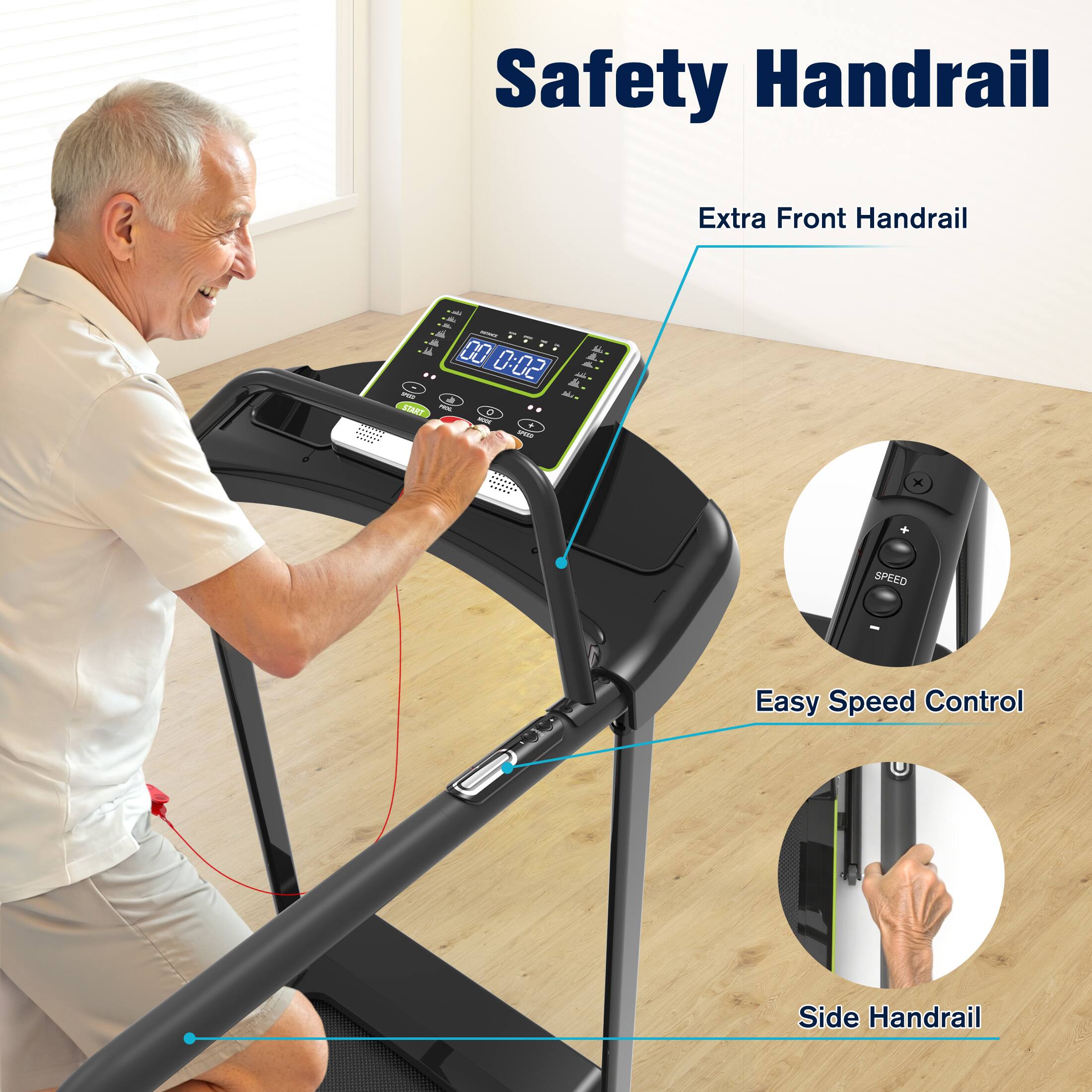 Safety Handrail, Extra Front Handrail, Easy Speed Control, Side Handrail