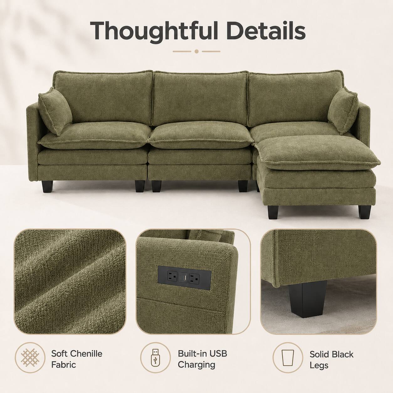 Thoughtful Details

- Soft Chenille Fabric
- Built-in USB Charging
- Solid Black Legs
