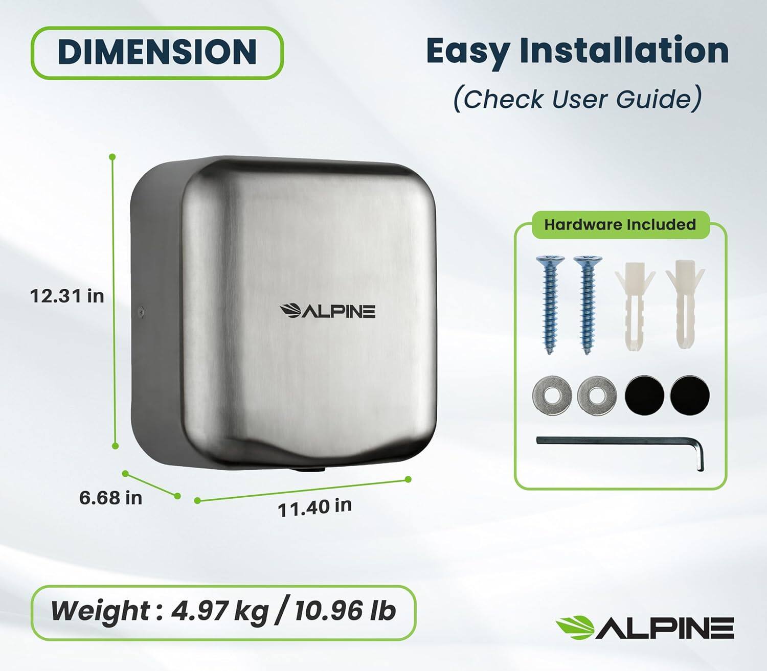 DIMENSION, Easy Installation (Check User Guide), Hardware Included, 12.31 in, ALPINE, 6.68 in, 11.40 in, Weight: 4.97 kg / 10.96 lb, ALPINE