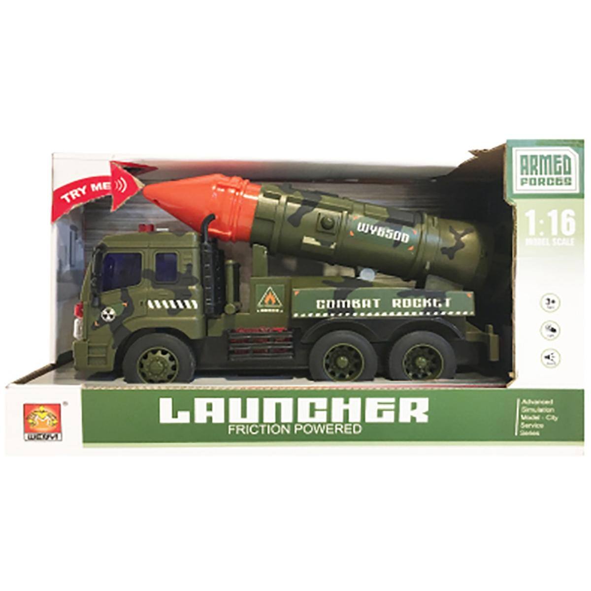 Armed Forces  
1:16 Model Scale  

Combat Rocket Launcher  
Friction Powered  

Advanced Simulation  
Made in City  

Try Me  

Abacel More City Service