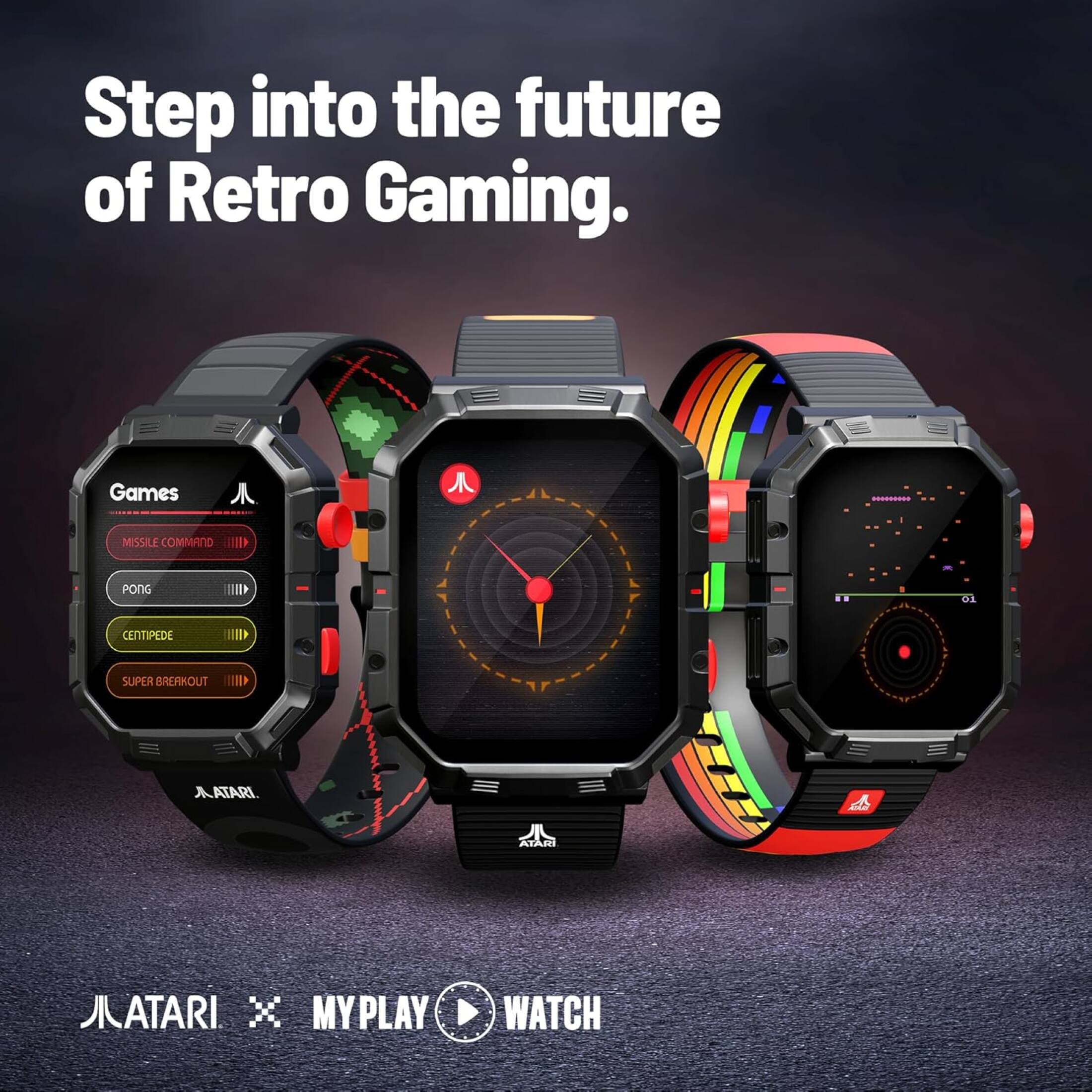 Step into the future of Retro Gaming.  
Games  
- MISSILE COMMAND  
- PONG  
- CENTIPEDE  
- SUPER BREAKOUT  
ATARI  
Aha BE ATARI x MYPLAY WATCH