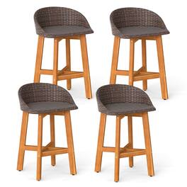 Costway - Outdoor Faux Rattan Bar Chairs Set of 4 Solid Acacia Wood Bar Stools for Porch - Brown