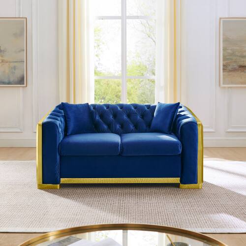 Anysun - 2-Seater Velvet Split Sofa with Gold Stainless Steel - Light Luxury Minimalist Design, Includes 2 Pillows - Blue