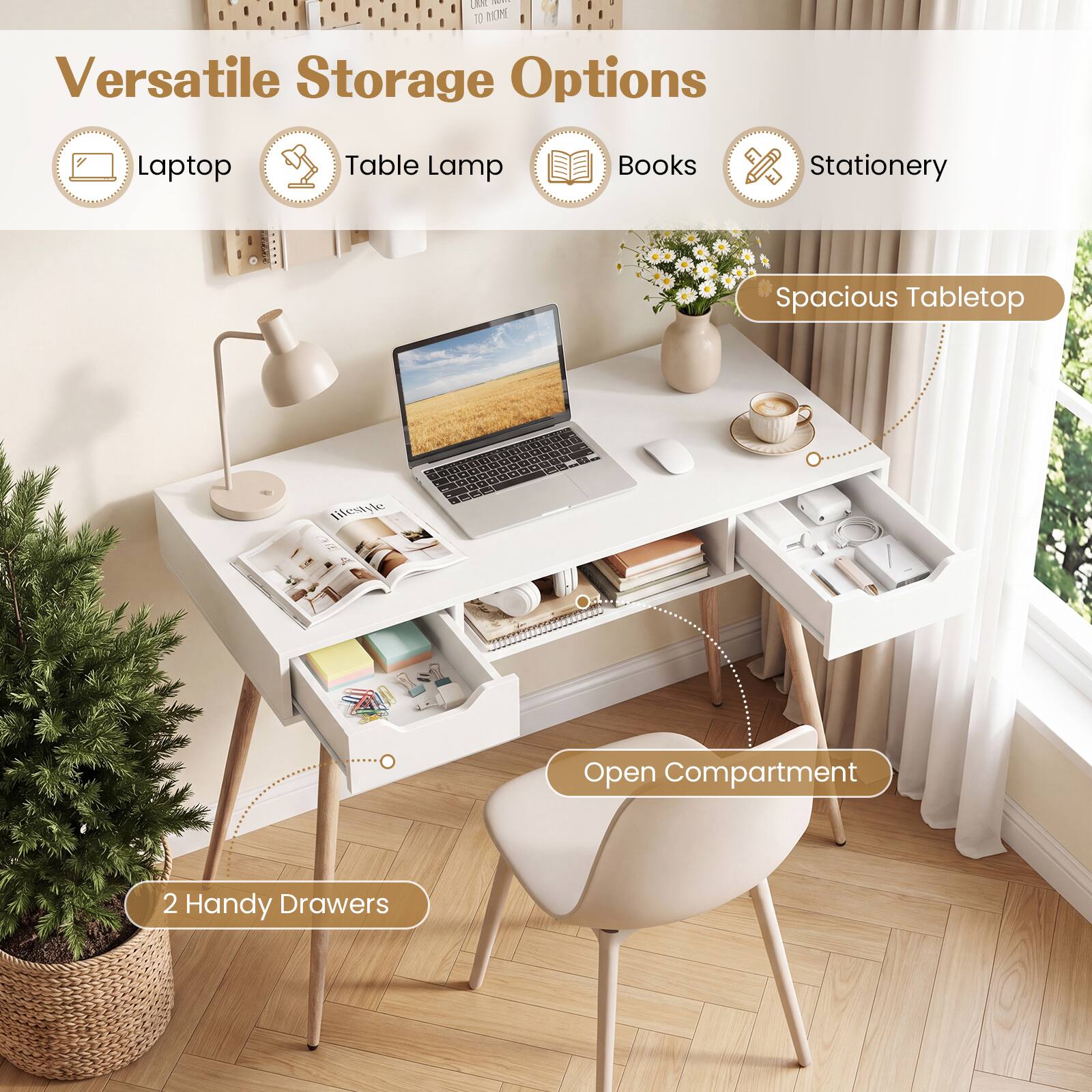 LIBE adis 3 TOM Versatile Storage Options Laptop Table Lamp Books Stationery Spacious Tabletop Open Compartment 2 Handy Drawers