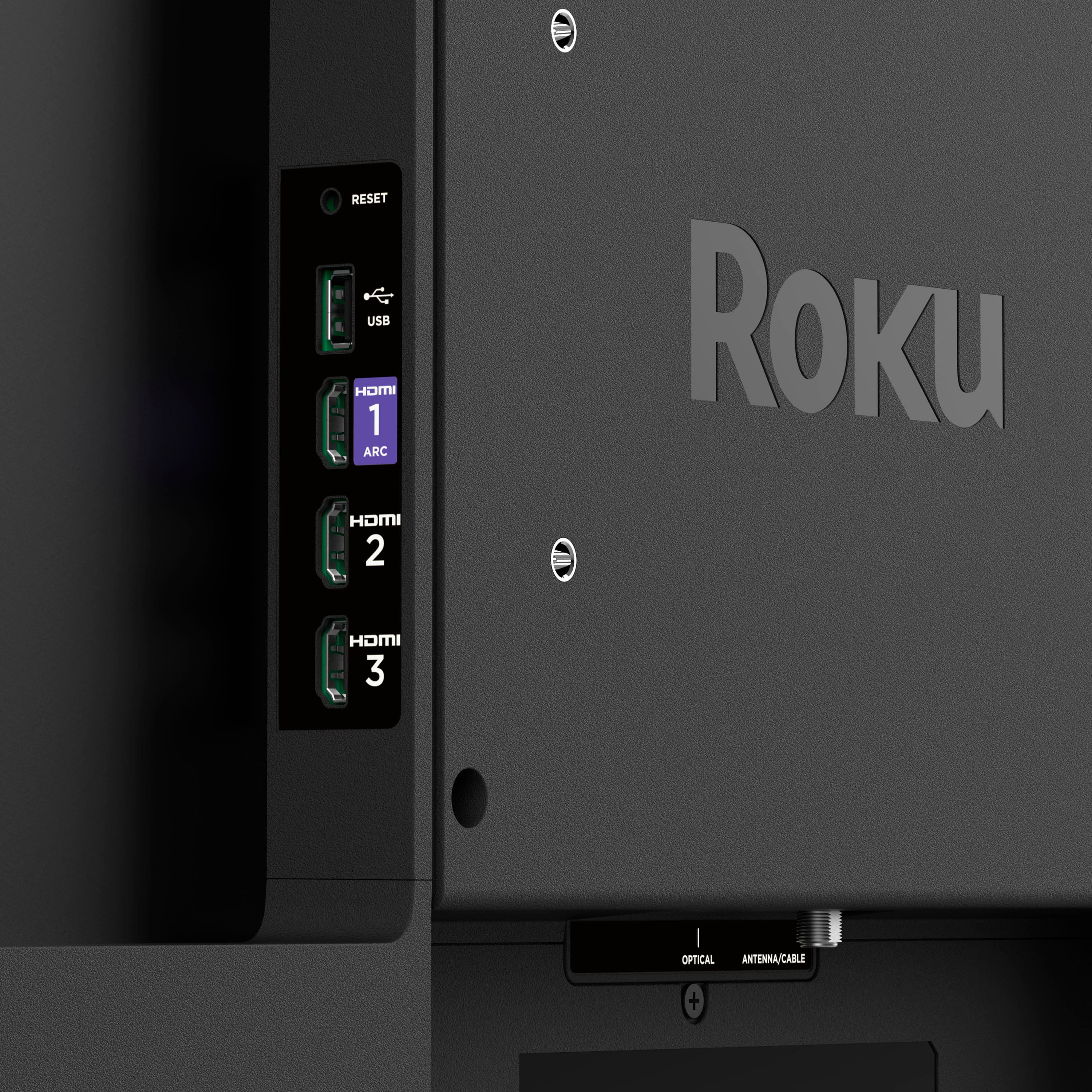 The text on the image reads: "RESET USB HOMI 1 ARC HOMI 2 ROKU HDMI 3 OPTICAL ANTENNA/CABLE."