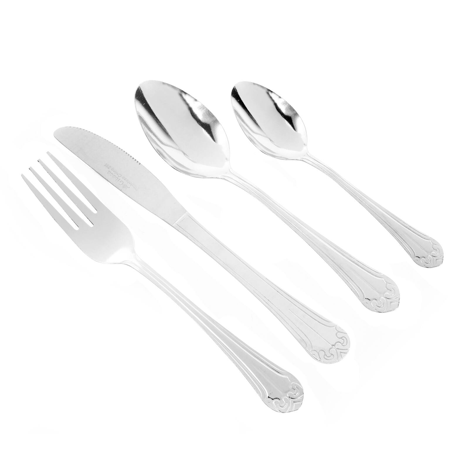 The image features a set of silverware, including a fork, a knife, and two spoons. The fork is located on the left side of the image, while the knife is positioned in the middle. The two spoons are placed on the right side of the image. The silverware is arranged in a visually appealing manner, showcasing the elegant design of the utensils.