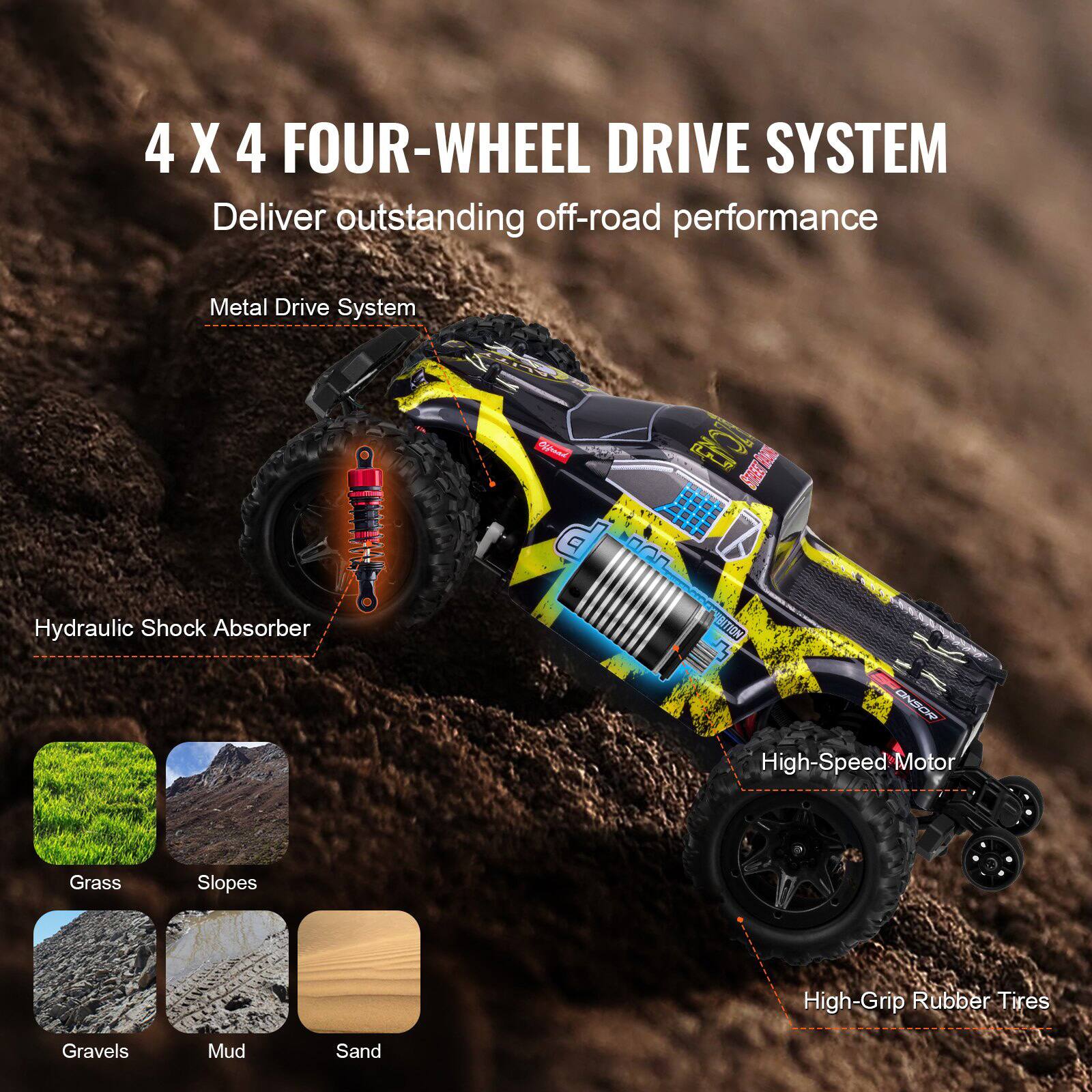 4 X 4 FOUR-WHEEL DRIVE SYSTEM  
Deliver outstanding off-road performance  

Metal Drive System  
Hydraulic Shock Absorber  
High-Speed Motor  
High-Grip Rubber Tires  

Grass  
Slopes  
Gravels  
Mud  
Sand