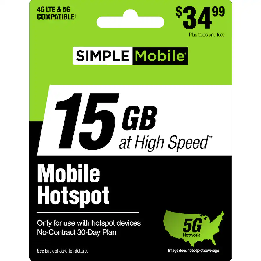 Simple Mobile Mobile Hotspot 15GB 30 Day Plan (Email