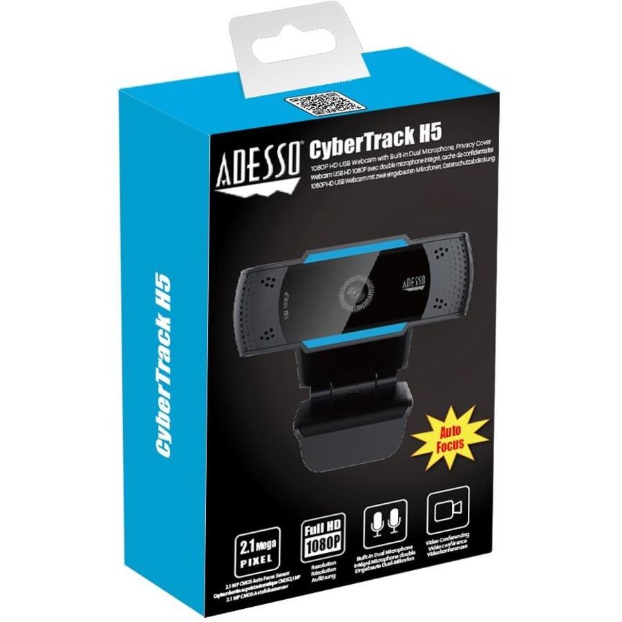 CyberTrack H5  
ADESSO  

1080P HD Webcam with Built-in Dual Microphone, Privacy Cover  
Auto Focus  

2.1 Mega Pixel  
1080P  

Full HD Video Conferencing  
Dual Microphone  
Privacy Cover  

Auto Focus