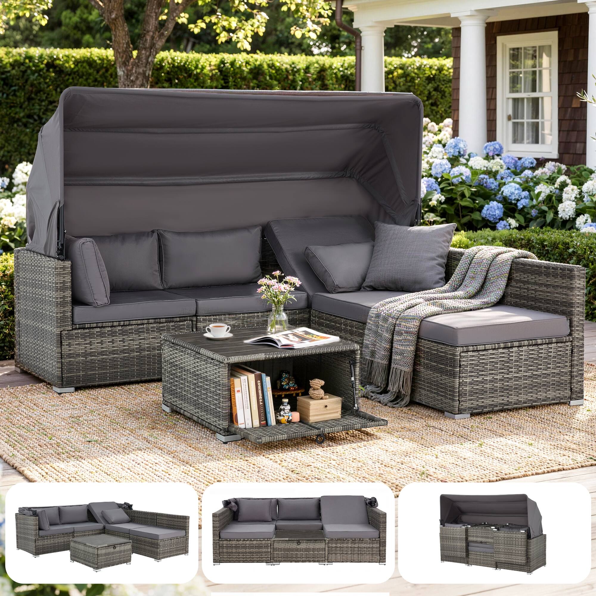 Alt View 4. U-HOMY - 6-Piece Outdoor Patio Rattan Daybed Set with Canopy & Adjustable Backrest - Grey.