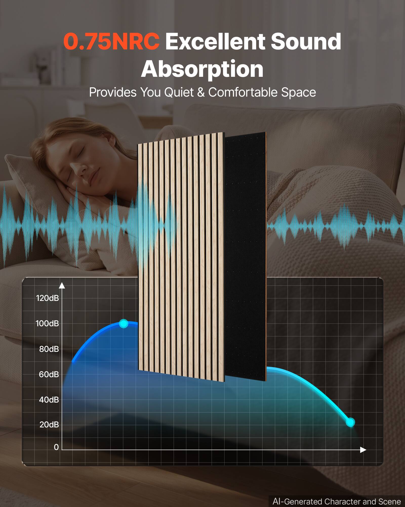 0.75NRC Excellent Sound Absorption  
Provides You Quiet & Comfortable Space

120dB  
100dB  
80dB  
60dB  
40dB  
20dB  
0

AI-Generated Character and Scene