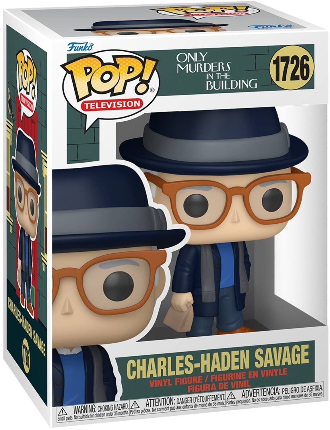 Sure, here is the corrected and grouped text from the image:

---

**Funko POP! TELEVISION**

**ONLY MURDERS IN THE BUILDING**

**1726**

**CHARLES-HADEN SAVAGE**

**VINYL FIGURE / FIGURINE EN VINYLE / FIGURA DE VINIL**

**WARNING: CHOKING HAZARD. Small parts. Not suitable for children under 36 months.**

**ADVERTENCIA: PELIGRO DE ASFIXIA. menores de 36 meses.**

**ATTENTION: DANGER D'ÉTOUFFEMENT. Ne convient pas aux enfants de moins de 36 mois.**

**ADVERTENCIA: PELIGRO DE ASFIXIA. No es adecuado para niños menores de 36 meses.**

---

This text is organized to reflect the information on the packaging, including the brand, series, character, and safety warnings.
