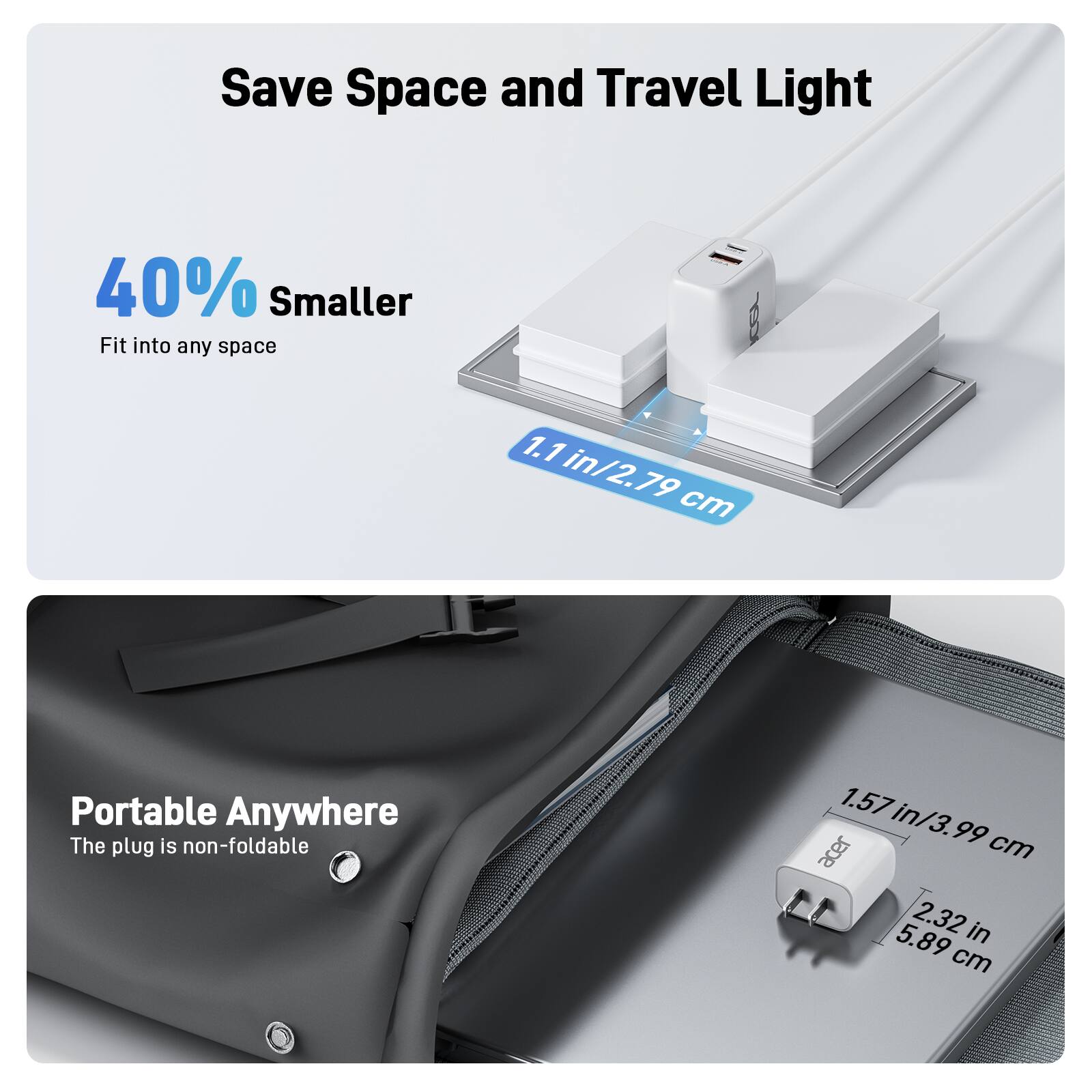 Save Space and Travel Light
40% Smaller
Fit into any space
1.1 in / 2.79 cm
Portable Anywhere
The plug is non-foldable
1.57 in / 3.99 cm
2.32 in / 5.89 cm