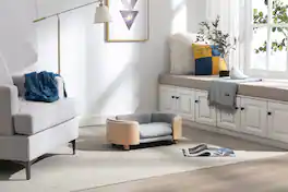 APRILSOUL - Scandinavian style Elevated Dog Bed Pet Sofa With Solid Wood legs and Bent Wood Back Velvet CushionSmall Size - LIGHT GREY