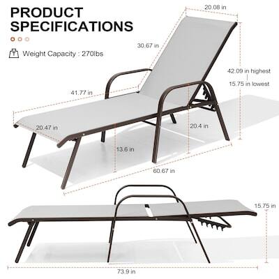 PRODUCT SPECIFICATIONS

- Weight Capacity: 270lbs
- 20.08 in
- 30.67 in
- 42.09 in (highest)
- 41.77 in
- 15.75 in (lowest)
- 20.47 in
- 20.4 in
- 13.6 in
- 60.67 in
- 73.9 in