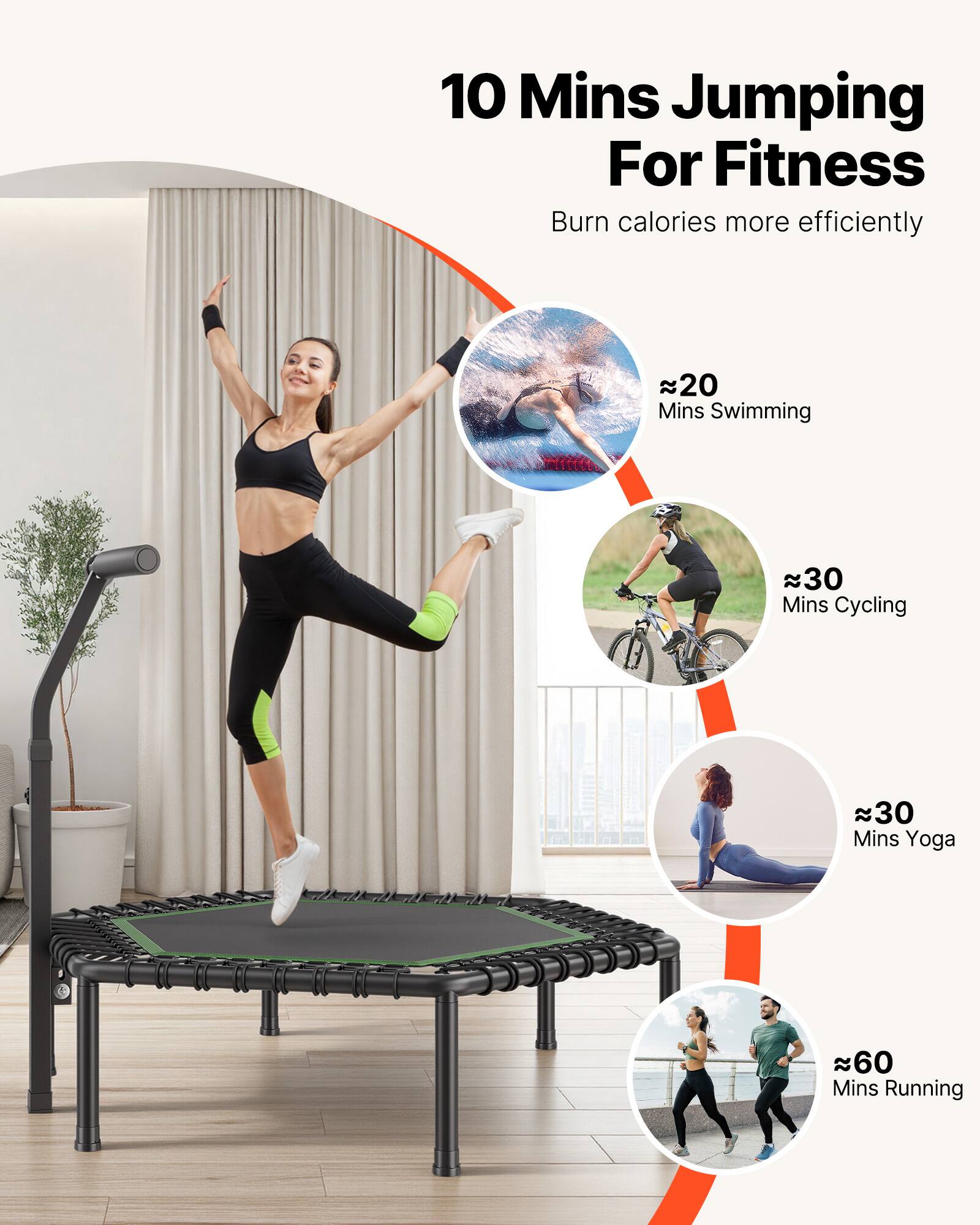 10 Mins Jumping For Fitness  
Burn calories more efficiently  

20 Mins Swimming  

30 Mins Cycling  

30 Mins Yoga  

60 Mins Running