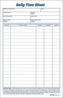 Daily Time Sheet
Name of Employee: ______________________ Date: ______________________
Department: ______________________
Rate per Hour: ______________________
Hours: ______________________
Productive Hours: ______________________ Non-Productive Hours: ______________________
Job No. Kind of Work Began Finished Hours
Instructions:
- Enter each item if your day's work is on this sheet, writing down the exact time started and finished.
- Enter time employed in miscellaneous work, not governed by job titles, as miscellaneous. Enter all work time as by job titles, and miscellaneous.
- Enter all time spent in non-productive, indicating cause of delay if possible. Furnish this sheet, writing down the exact time started and finished.
- Record of productive and non-productive labor and results for each day must be maintained with each time sheet at the end of each day, must be accounted for.
- EACH FIVE MINUTES OF THE DAY'S TIME MUST BE ACCOUNTED FOR.
ETOPS 8041 - 11
