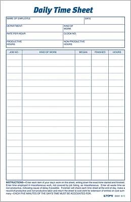 Daily Time Sheet

Name of Employee: ______________________ Date: ______________________

Department: ______________________

Rate per Hour: ______________________

Hours: ______________________

Productive Hours: ______________________ Non-Productive Hours: ______________________

Job No. Kind of Work Began Finished Hours

Instructions:
- Enter each item if your day's work is on this sheet, writing down the exact time started and finished.
- Enter time employed in miscellaneous work, not governed by job titles, as miscellaneous. Enter all work time as by job titles, and miscellaneous.
- Enter all time spent in non-productive, indicating cause of delay if possible. Furnish this sheet, writing down the exact time started and finished.
- Record of productive and non-productive labor and results for each day must be maintained with each time sheet at the end of each day, must be accounted for.
- EACH FIVE MINUTES OF THE DAY'S TIME MUST BE ACCOUNTED FOR.

ETOPS 8041 - 11