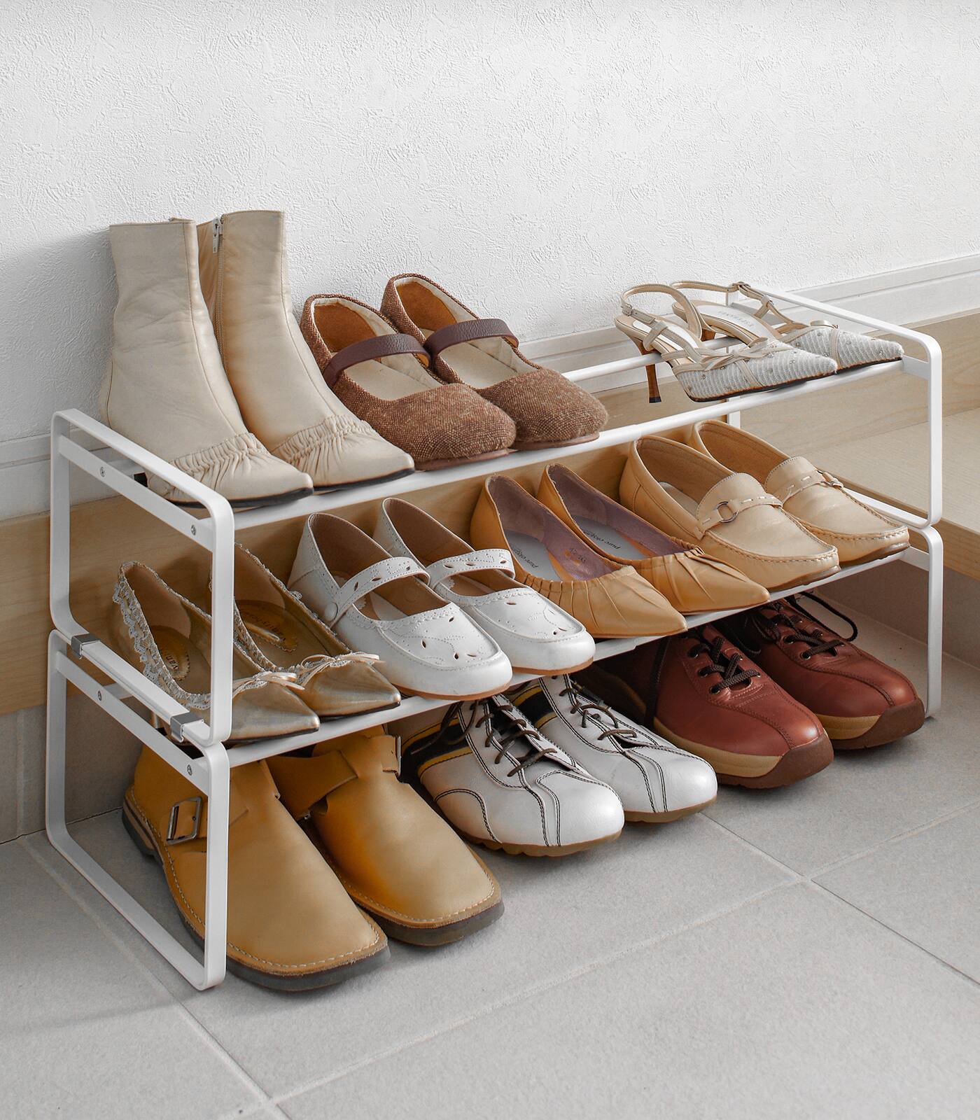 Angle. Yamazaki Home - Stackable Shoe Rack (7" H)  - Steel - White.