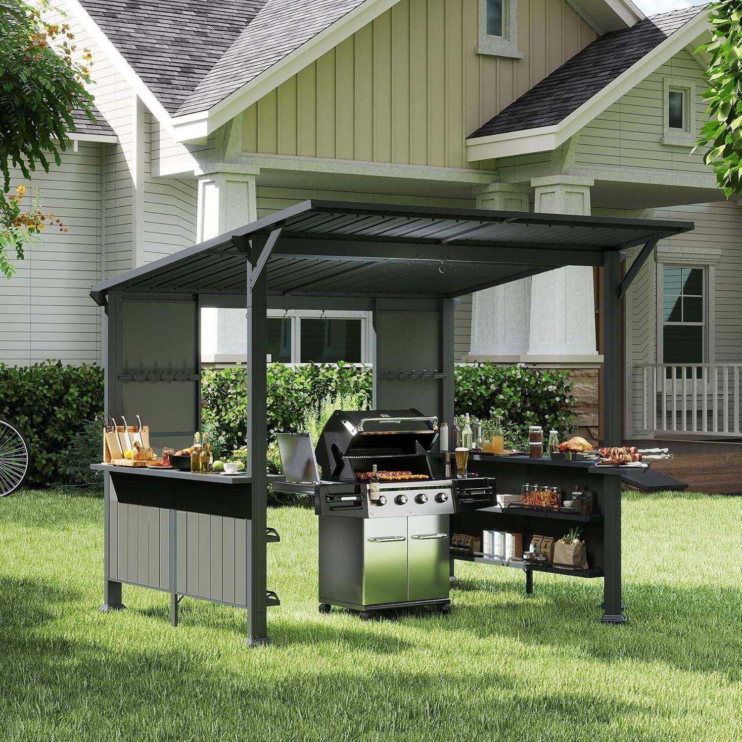 Alt View 4. Mondawe - 9X10FT Galvanized Steel Grill Gazebo，Storage Shelves and Expansion Platform - Grey.