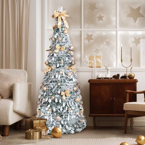 Alt View 7. Winado - 6FT Snow Flocked Pre-lit Artificial Christmas Tree Pop Up with Light Ornaments Collapsible for Indoor Holiday Decoration - Snow Flocked Green.