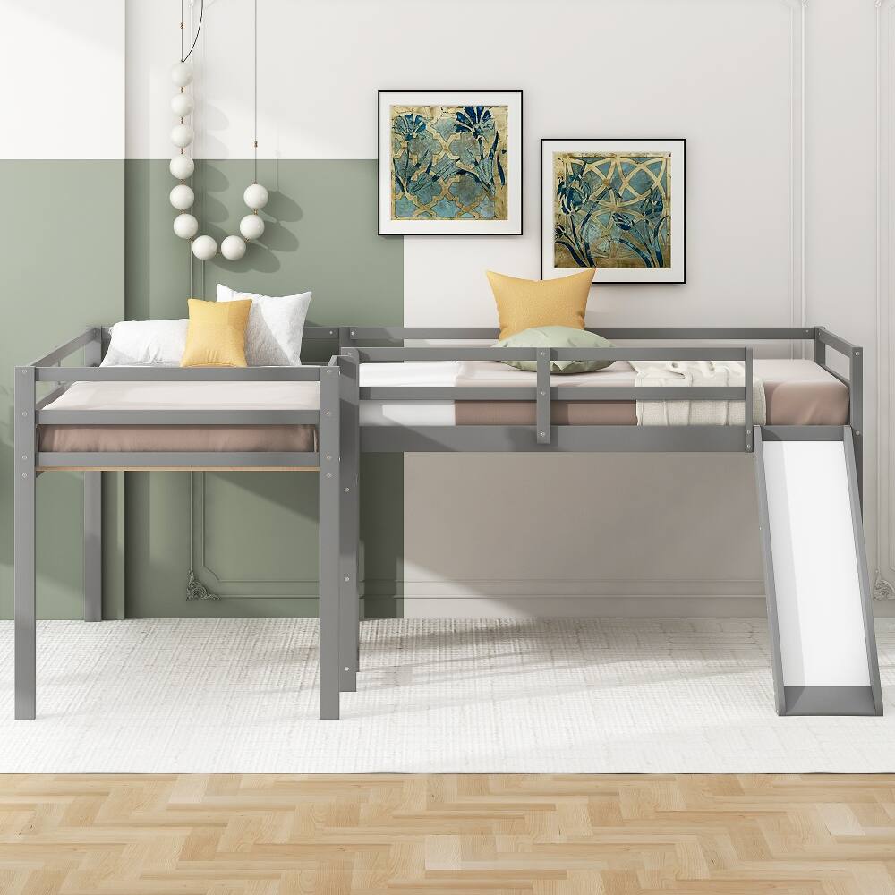 Back. Loheer - Loheer L-Shaped Twin Loft Bed with Slide and Ladder, Corner Loft Bed Frame for Kids, Solid Pine Wood, Gray - Gray.