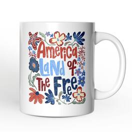 OrnamentallyYou - America Land of the Free Mug, Retro Floral Independence Day Gift - White