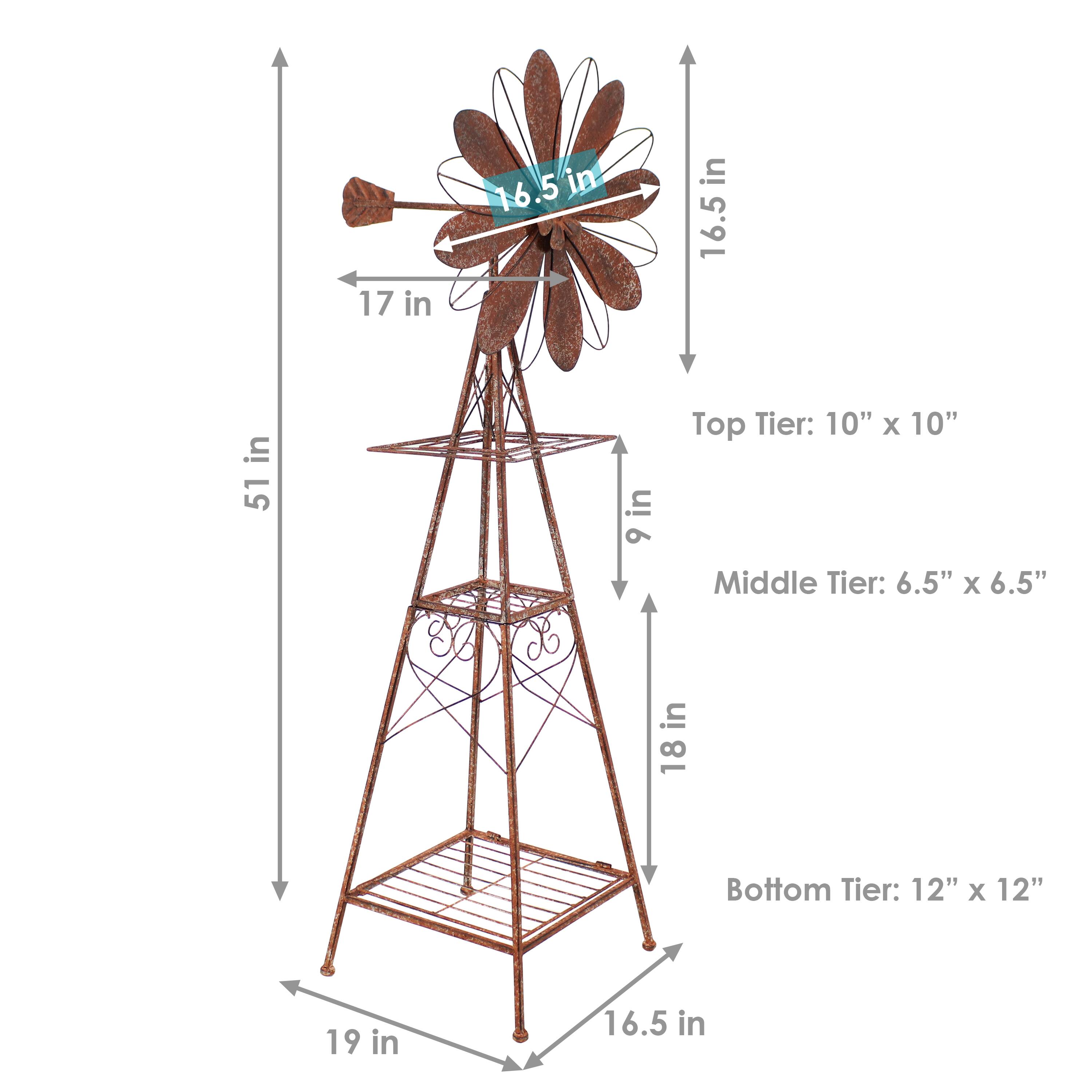 - Height: 51 in
- Top Tier: 10" x 10"
- Middle Tier: 6.5" x 6.5"
- Bottom Tier: 12" x 12"
- Width: 17 in
- Depth: 16.5 in
- Flower Diameter: 16.5 in
- Middle Tier Height: 9 in
- Bottom Tier Height: 18 in
- Base Width: 19 in
- Base Depth: 16.5 in