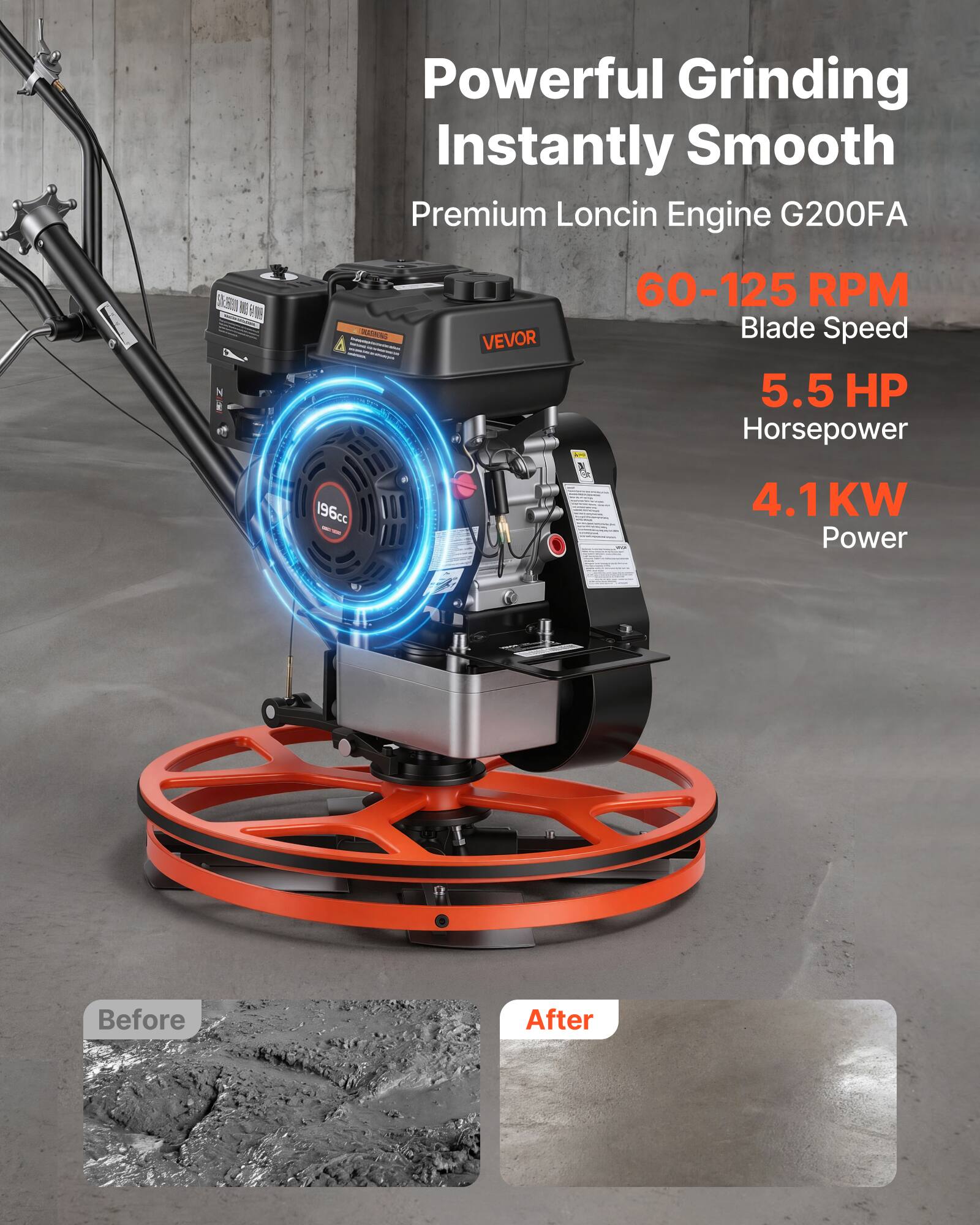 Powerful Grinding Instantly Smooth  
Premium Loncin Engine G200FA  
60-125 RPM Blade Speed  
5.5 HP Horsepower  
196cc  
4.1 KW Power  
Before  
After