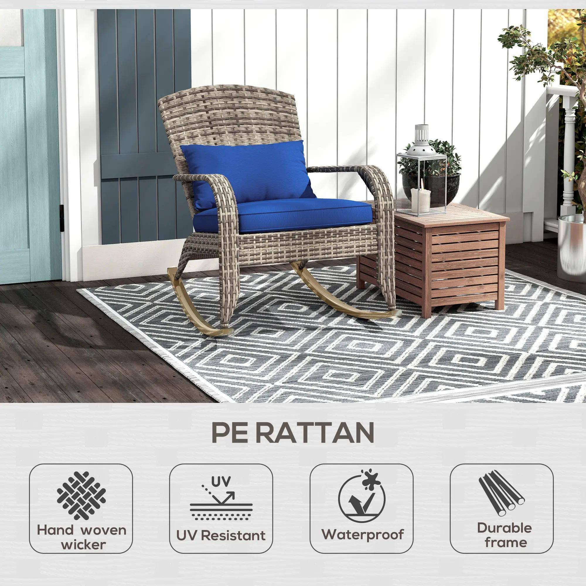 PE RATTAN  
Hand woven wicker  
UV Resistant  
Waterproof  
Durable frame