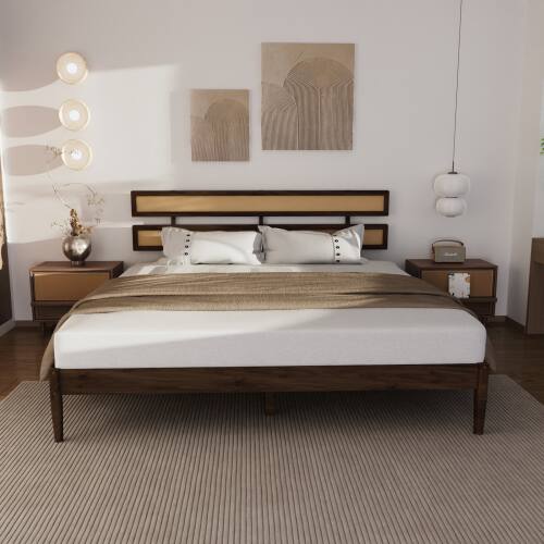 Alt View 8. Winado - Rattan Bed Frame with Headboard Boho Wooden Platform Panel Bed with Underbed Storage for Bedroom No Box Spring Needed - Brown.