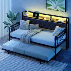 Front. Winado - Full Daybed with Trundle Bed Sofa DayBed with LED Light & Charing Station Upholstered Bed Frame with Storage Headboard - Black & Fabric Grey.