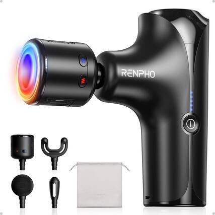 Front. Renpho - Mini Massage Gun with Heat and Cold, Pocket-Sized Massager, Portable Deep Tissue Massager with Travel Carry Bag - Black.