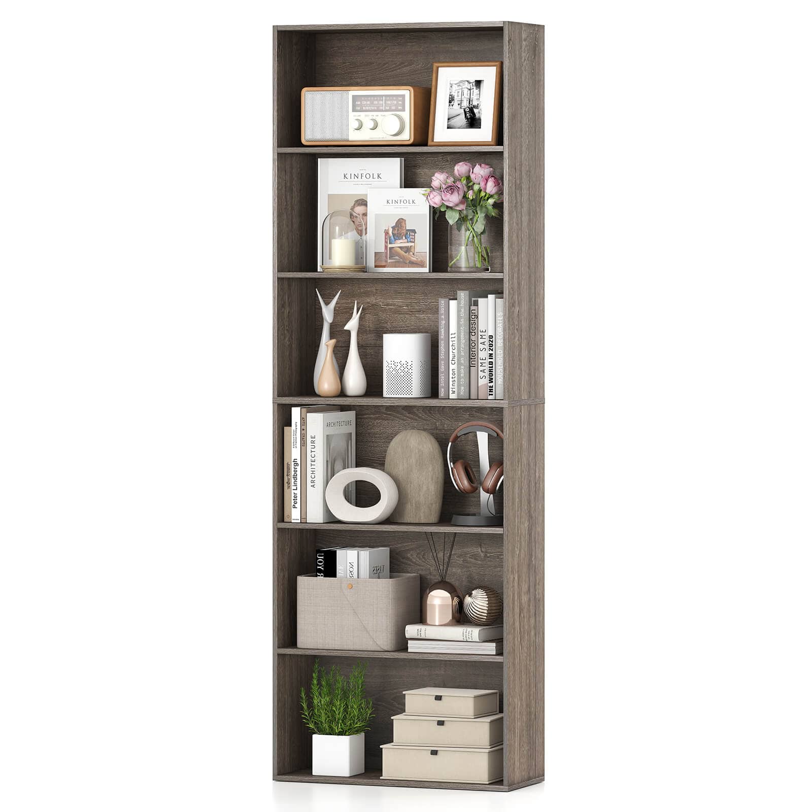Costway - 6-Tier Bookshelf with Open Shelves, Anti-Tipping Kits for Living Room Bedroom Study - Gray