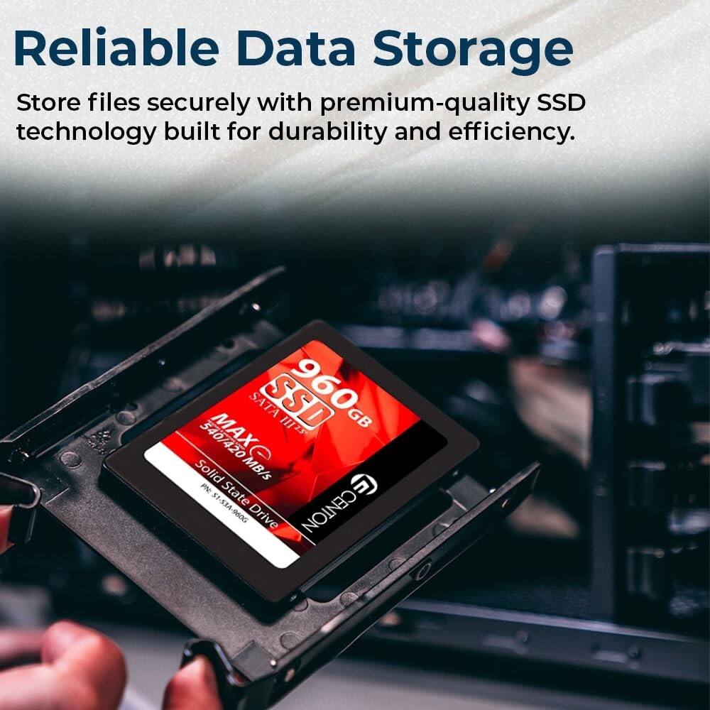 Reliable Data Storage  
Store files securely with premium-quality SSD technology built for durability and efficiency.  
SATA SSD 960 11I25 GB 340/420 Solid MB/s PN: St State 1-53A-9606 Drive  
CENTON