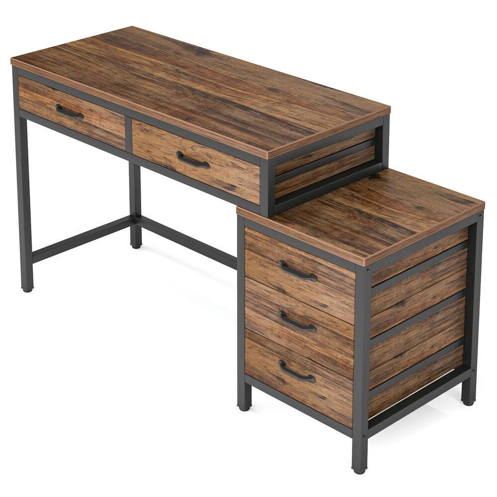 Back. Kadyn - Kadyn Study Writing Desk, 5-Drawer Computer Desk with Reversible Drawer Cabinet - Brown.