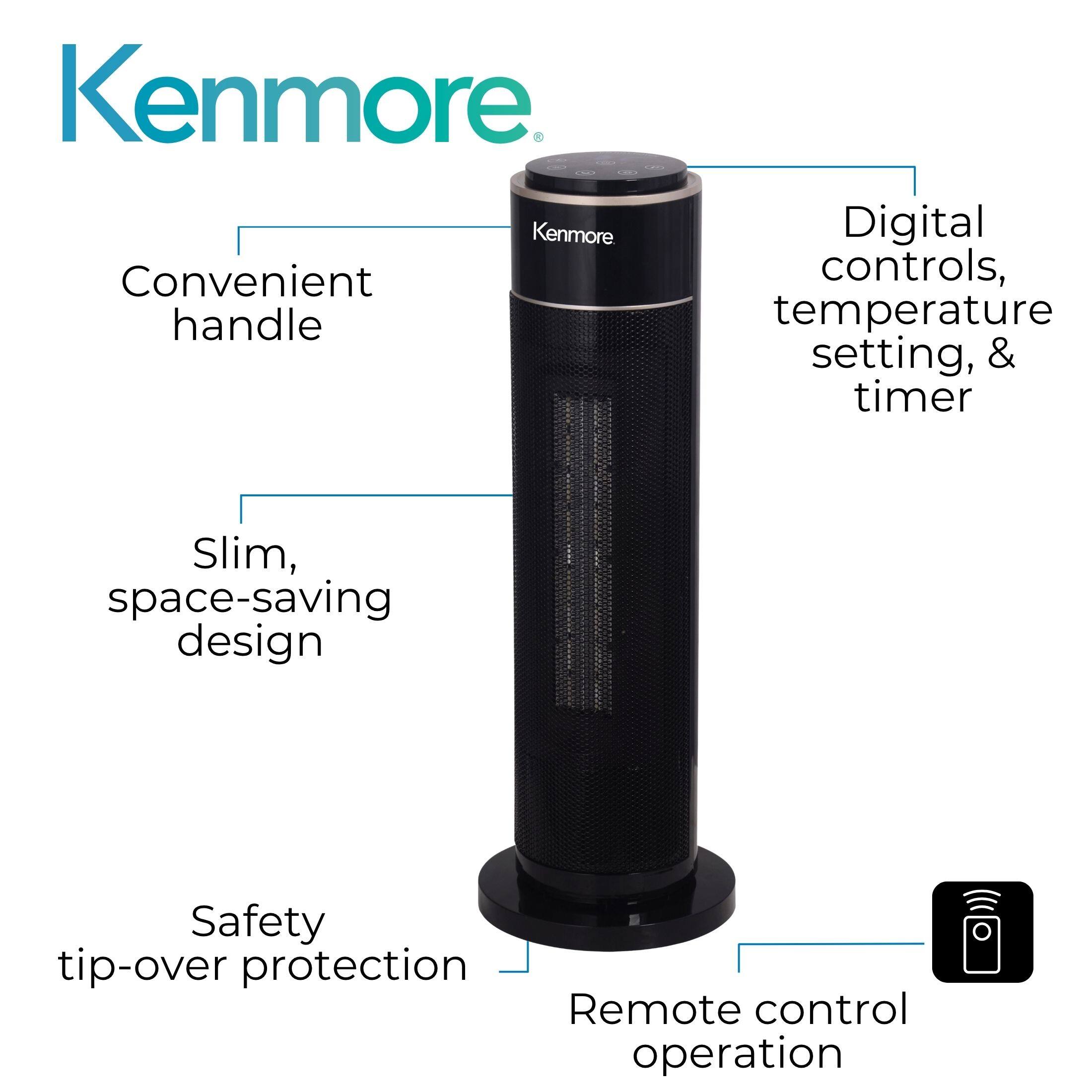 Kenmore

- Convenient handle
- Slim, space-saving design
- Safety tip-over protection
- Digital controls, temperature setting, & timer
- Remote control operation