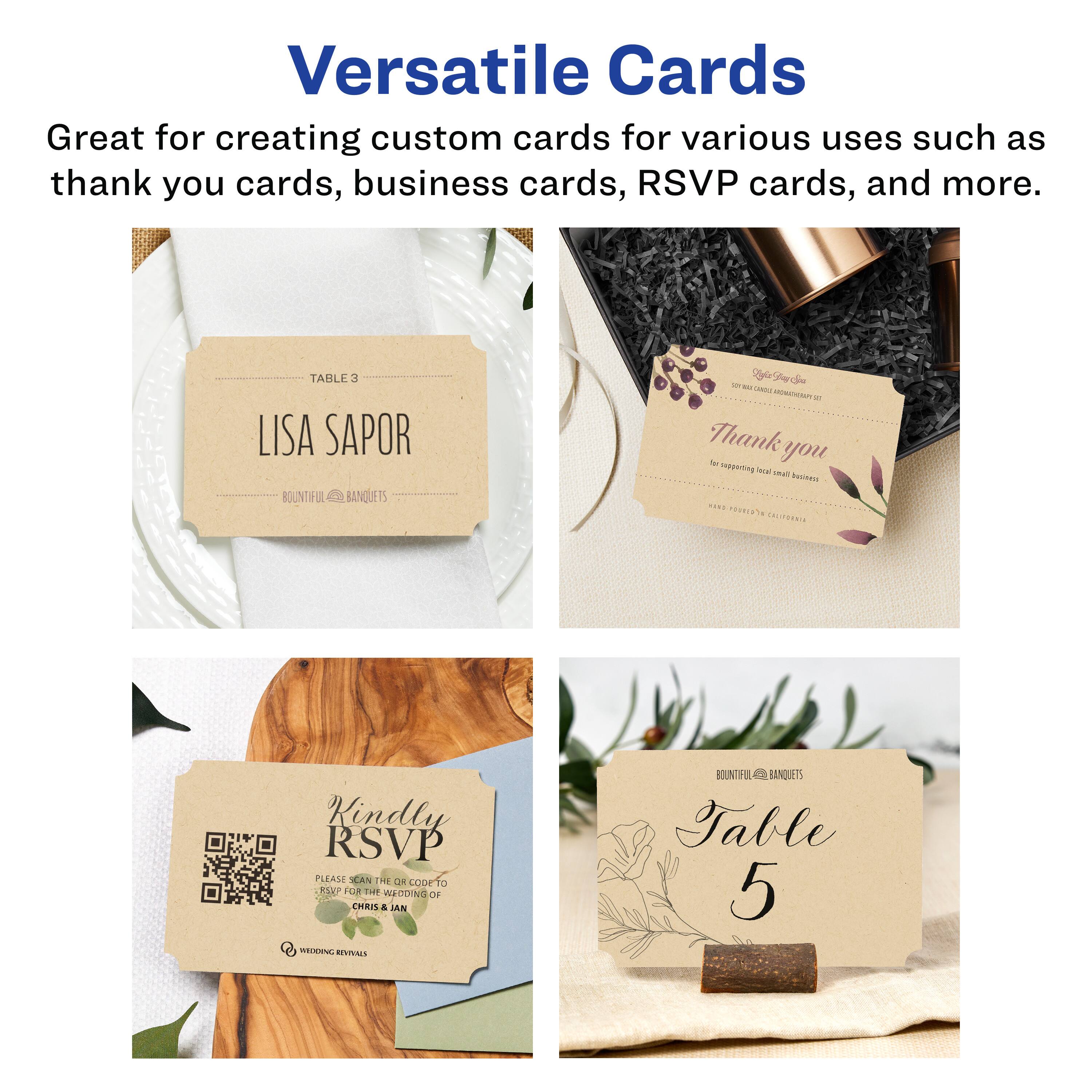 Versatile Cards

Great for creating custom cards for various uses such as thank you cards, business cards, RSVP cards, and more.

TABLE 3  
LISA SAPOR  
BOUNTIFUL BANQUETS

Thank you  
for supporting local small businesses  
—  
HAND PRINTED IN CALIFORNIA

Kindly RSVP  
PLEASE SCAN THE QR CODE TO RSVP FOR THE WEDDING OF  
CHRIS & JAN  
—  
WEDDING REVIEWS

TABLE 5  
BOUNTIFUL BANQUETS