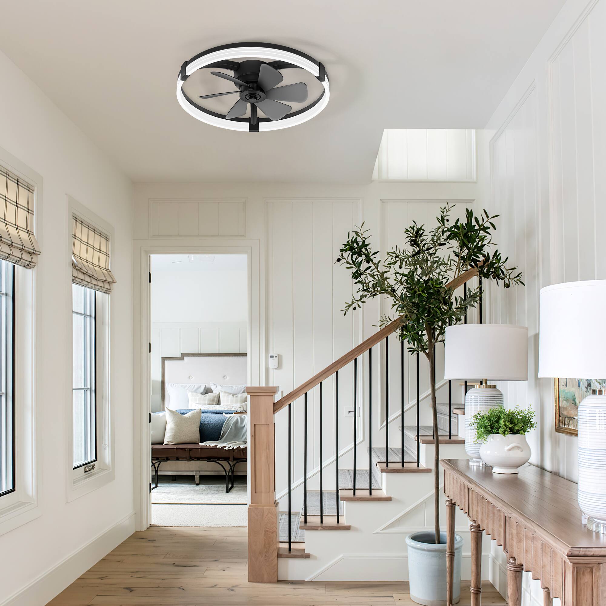 Alt View 10. Breezary - 23-Inch Flush Mount Detachable Enclosed Ceiling Fan - LED Ring Light, Remote, 6 Speeds, Dimmable & Reversible DC Motor - Black and Slate Blue.